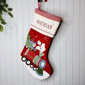Pottery Barn Kids MATHIAS Quilted Red Train Gingham Christmas Stocking Mono NWOT